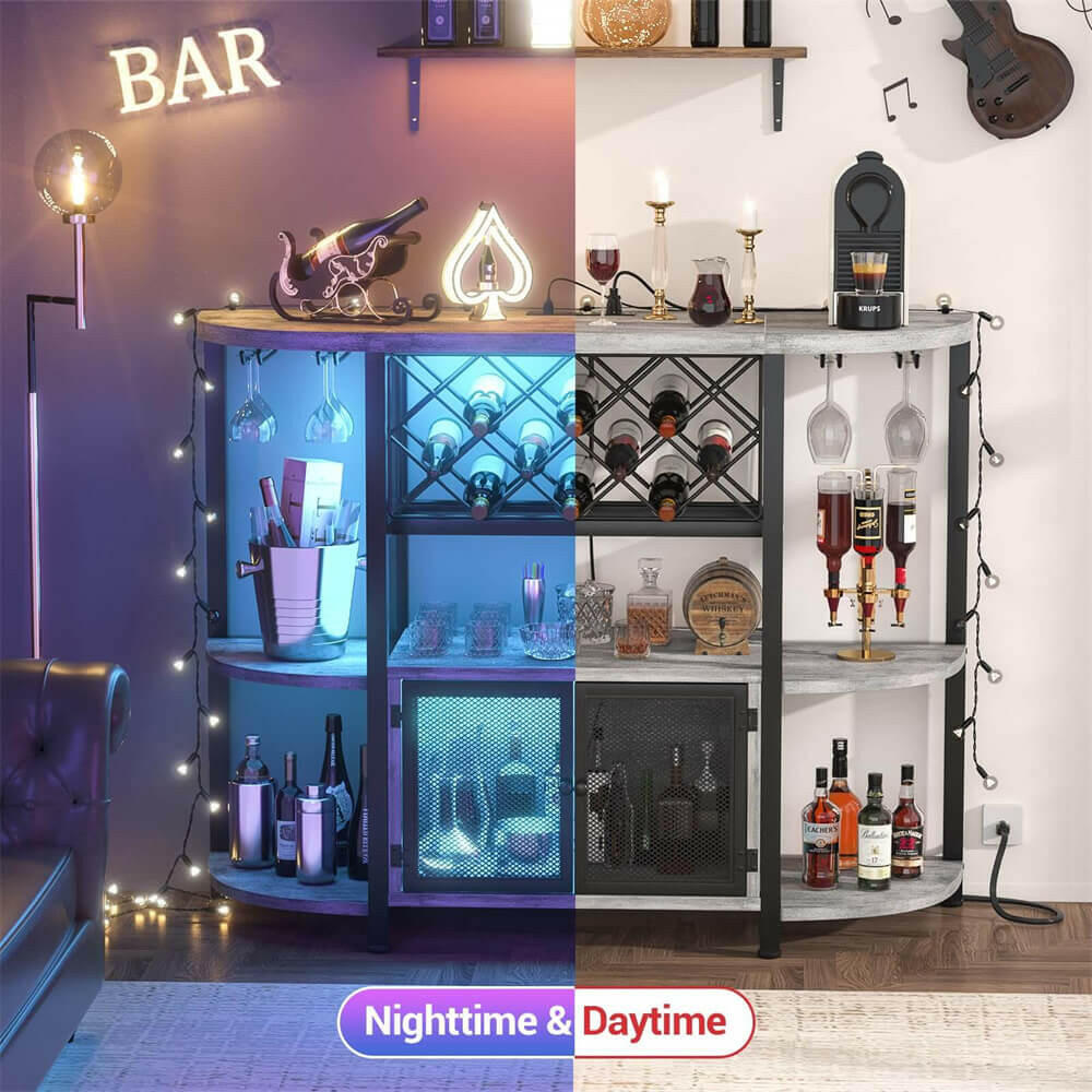 Unikito Gold Liquor Bar with LED Light, Wine Cabinet with Outlet, Freestanding Wine Rack Table with Door, Coffee Bar Cabinet for Liquor and Glass, Floor Bar Table Stand with Wine Storage Rack