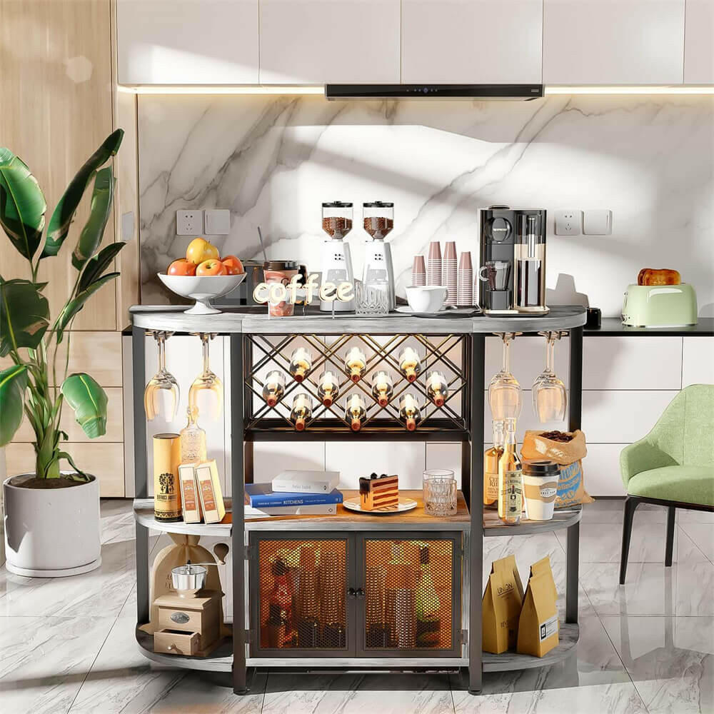 Unikito Gold Liquor Bar with LED Light, Wine Cabinet with Outlet, Freestanding Wine Rack Table with Door, Coffee Bar Cabinet for Liquor and Glass, Floor Bar Table Stand with Wine Storage Rack