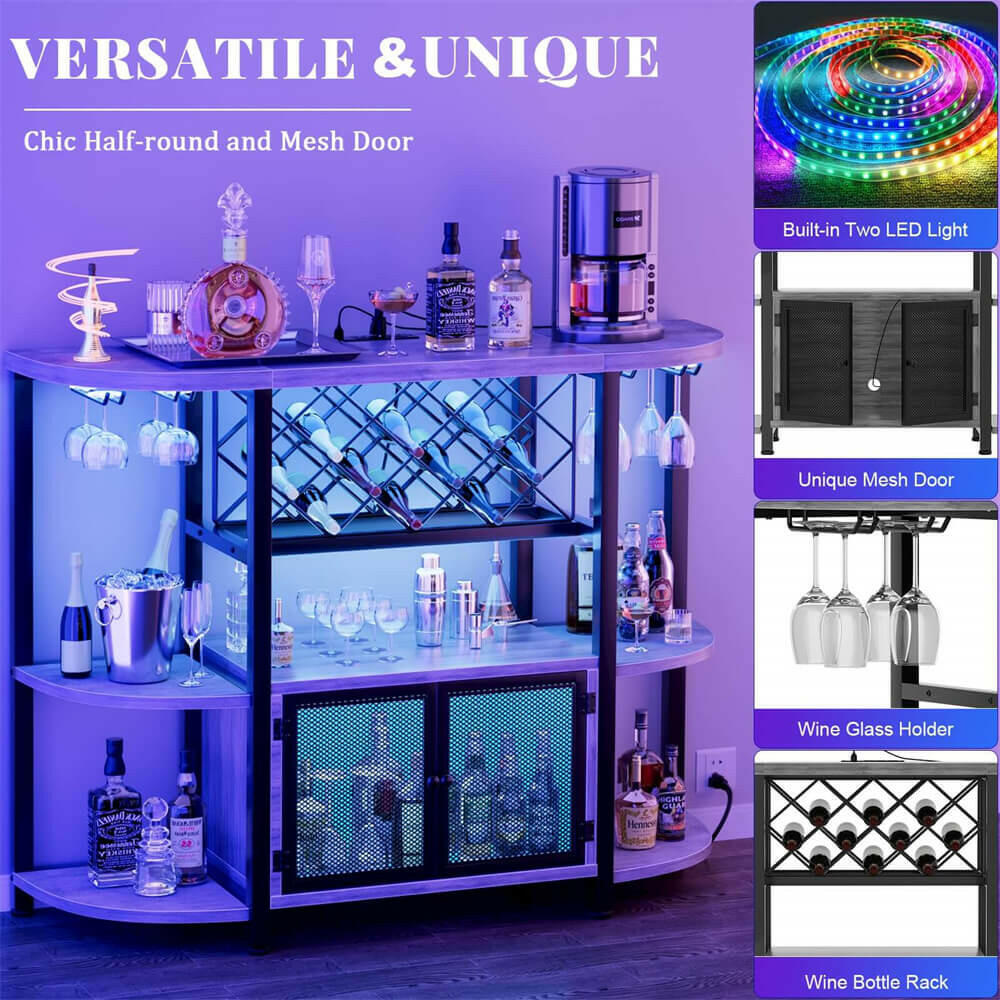 Unikito Gold Liquor Bar with LED Light, Wine Cabinet with Outlet, Freestanding Wine Rack Table with Door, Coffee Bar Cabinet for Liquor and Glass, Floor Bar Table Stand with Wine Storage Rack