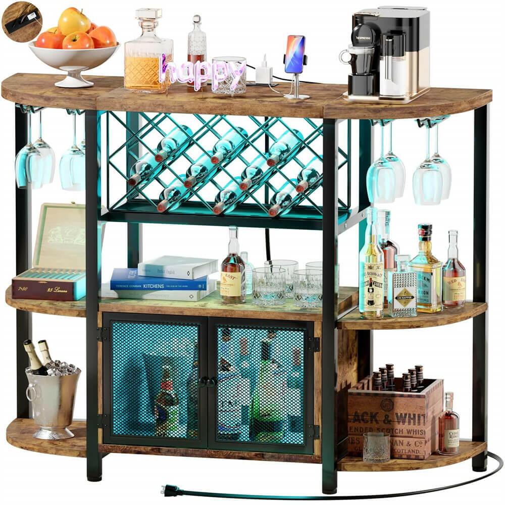 Unikito Gold Liquor Bar with LED Light, Wine Cabinet with Outlet, Freestanding Wine Rack Table with Door, Coffee Bar Cabinet for Liquor and Glass, Floor Bar Table Stand with Wine Storage Rack
