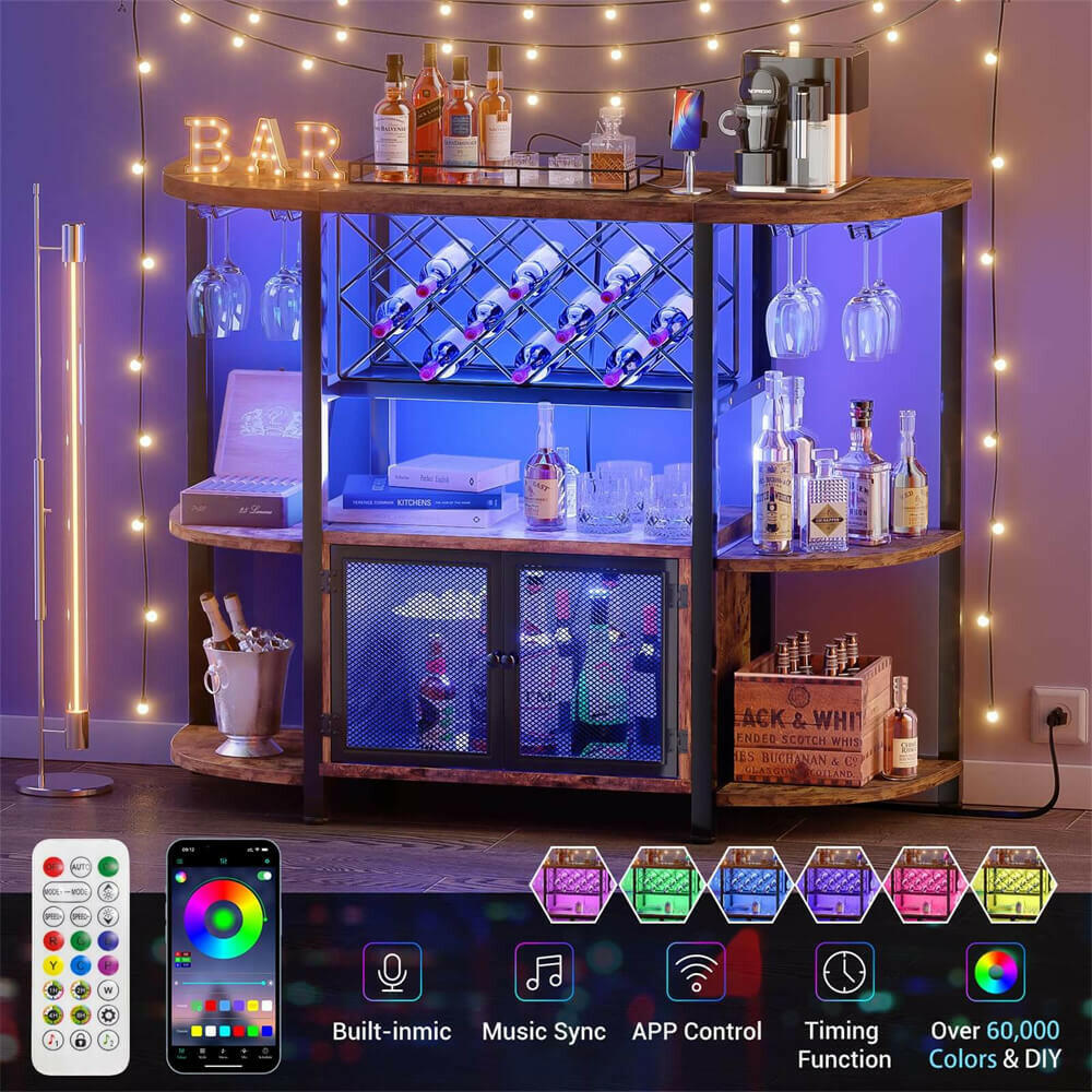 Unikito Gold Liquor Bar with LED Light, Wine Cabinet with Outlet, Freestanding Wine Rack Table with Door, Coffee Bar Cabinet for Liquor and Glass, Floor Bar Table Stand with Wine Storage Rack
