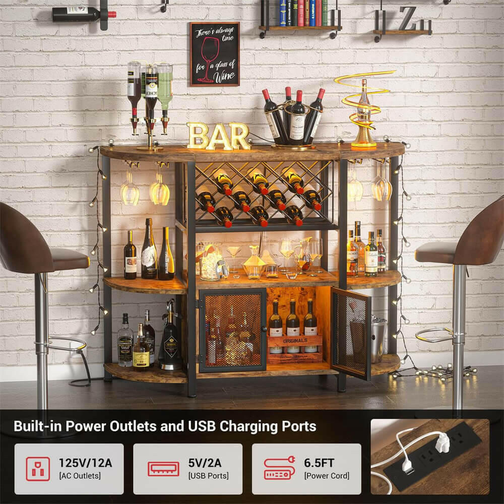 Unikito Gold Liquor Bar with LED Light, Wine Cabinet with Outlet, Freestanding Wine Rack Table with Door, Coffee Bar Cabinet for Liquor and Glass, Floor Bar Table Stand with Wine Storage Rack
