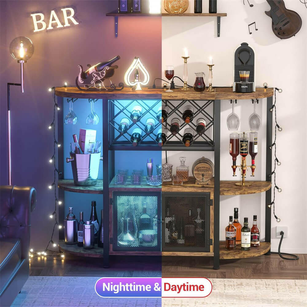 Unikito Gold Liquor Bar with LED Light, Wine Cabinet with Outlet, Freestanding Wine Rack Table with Door, Coffee Bar Cabinet for Liquor and Glass, Floor Bar Table Stand with Wine Storage Rack
