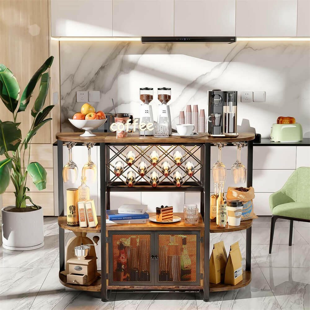 Unikito Gold Liquor Bar with LED Light, Wine Cabinet with Outlet, Freestanding Wine Rack Table with Door, Coffee Bar Cabinet for Liquor and Glass, Floor Bar Table Stand with Wine Storage Rack