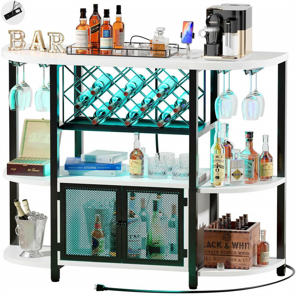 Unikito Gold Liquor Bar with LED Light, Wine Cabinet with Outlet, Freestanding Wine Rack Table with Door, Coffee Bar Cabinet for Liquor and Glass, Floor Bar Table Stand with Wine Storage Rack