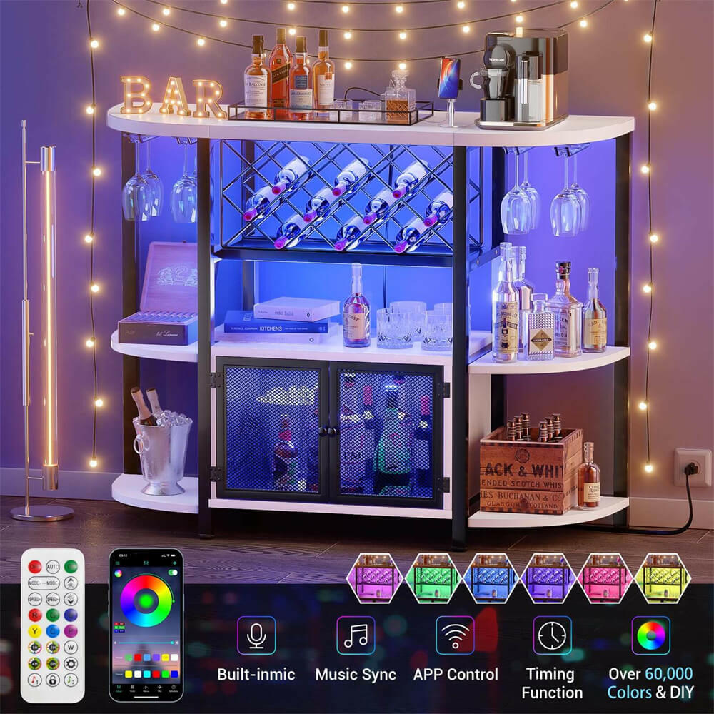 Unikito Gold Liquor Bar with LED Light, Wine Cabinet with Outlet, Freestanding Wine Rack Table with Door, Coffee Bar Cabinet for Liquor and Glass, Floor Bar Table Stand with Wine Storage Rack
