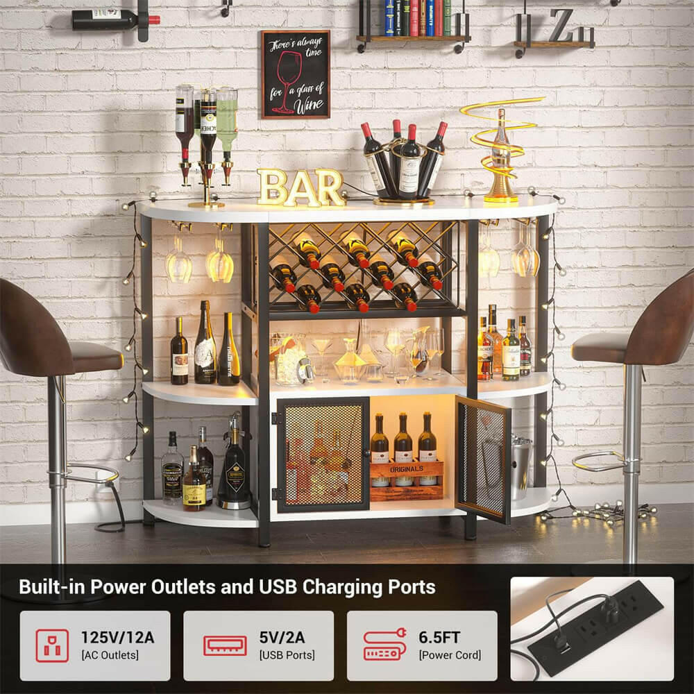 Unikito Gold Liquor Bar with LED Light, Wine Cabinet with Outlet, Freestanding Wine Rack Table with Door, Coffee Bar Cabinet for Liquor and Glass, Floor Bar Table Stand with Wine Storage Rack