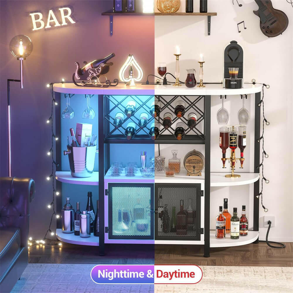 Unikito Gold Liquor Bar with LED Light, Wine Cabinet with Outlet, Freestanding Wine Rack Table with Door, Coffee Bar Cabinet for Liquor and Glass, Floor Bar Table Stand with Wine Storage Rack