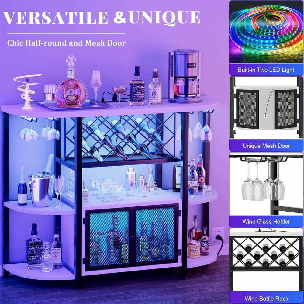 Unikito Gold Liquor Bar with LED Light, Wine Cabinet with Outlet, Freestanding Wine Rack Table with Door, Coffee Bar Cabinet for Liquor and Glass, Floor Bar Table Stand with Wine Storage Rack