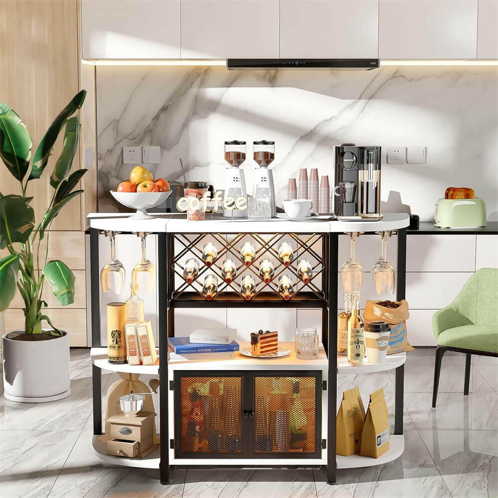 Unikito Gold Liquor Bar with LED Light, Wine Cabinet with Outlet, Freestanding Wine Rack Table with Door, Coffee Bar Cabinet for Liquor and Glass, Floor Bar Table Stand with Wine Storage Rack