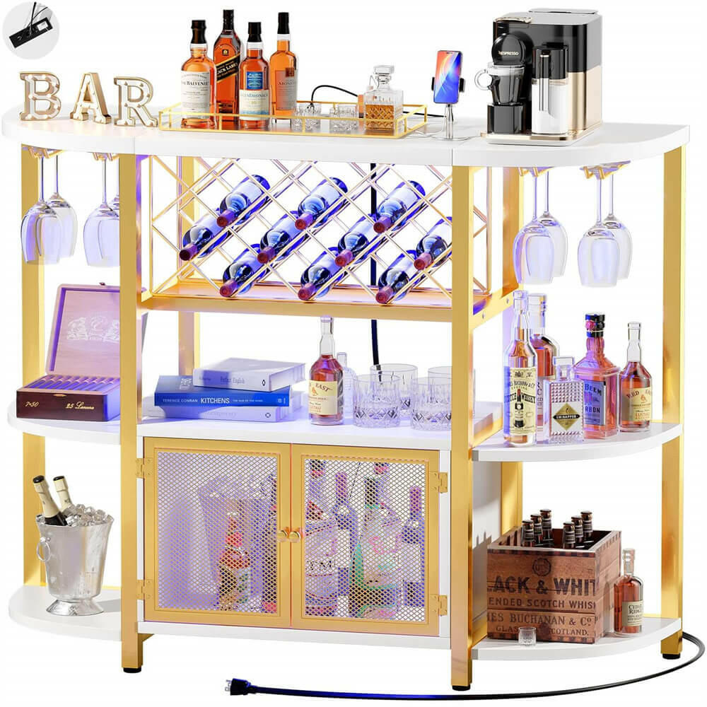 Unikito Gold Liquor Bar with LED Light, Wine Cabinet with Outlet, Freestanding Wine Rack Table with Door, Coffee Bar Cabinet for Liquor and Glass, Floor Bar Table Stand with Wine Storage Rack