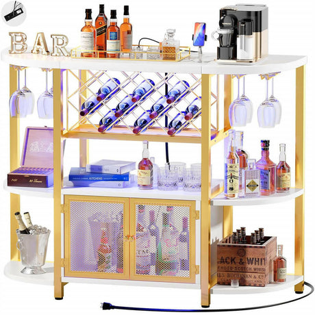 Unikito Gold Liquor Bar with LED Light, Wine Cabinet with Outlet, Freestanding Wine Rack Table with Door, Coffee Bar Cabinet for Liquor and Glass, Floor Bar Table Stand with Wine Storage Rack