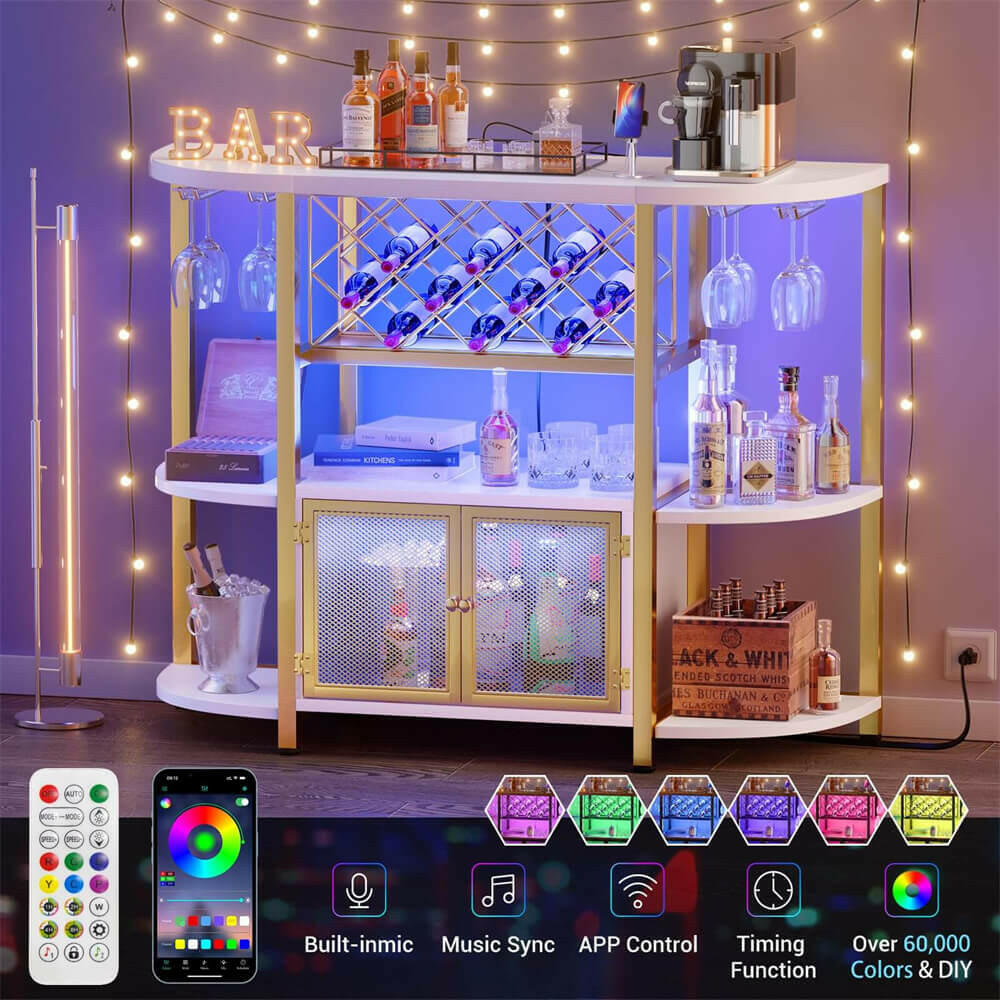 Unikito Gold Liquor Bar with LED Light, Wine Cabinet with Outlet, Freestanding Wine Rack Table with Door, Coffee Bar Cabinet for Liquor and Glass, Floor Bar Table Stand with Wine Storage Rack