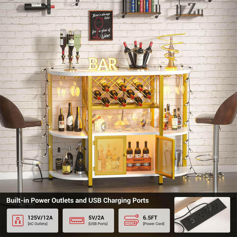 Unikito Gold Liquor Bar with LED Light, Wine Cabinet with Outlet, Freestanding Wine Rack Table with Door, Coffee Bar Cabinet for Liquor and Glass, Floor Bar Table Stand with Wine Storage Rack