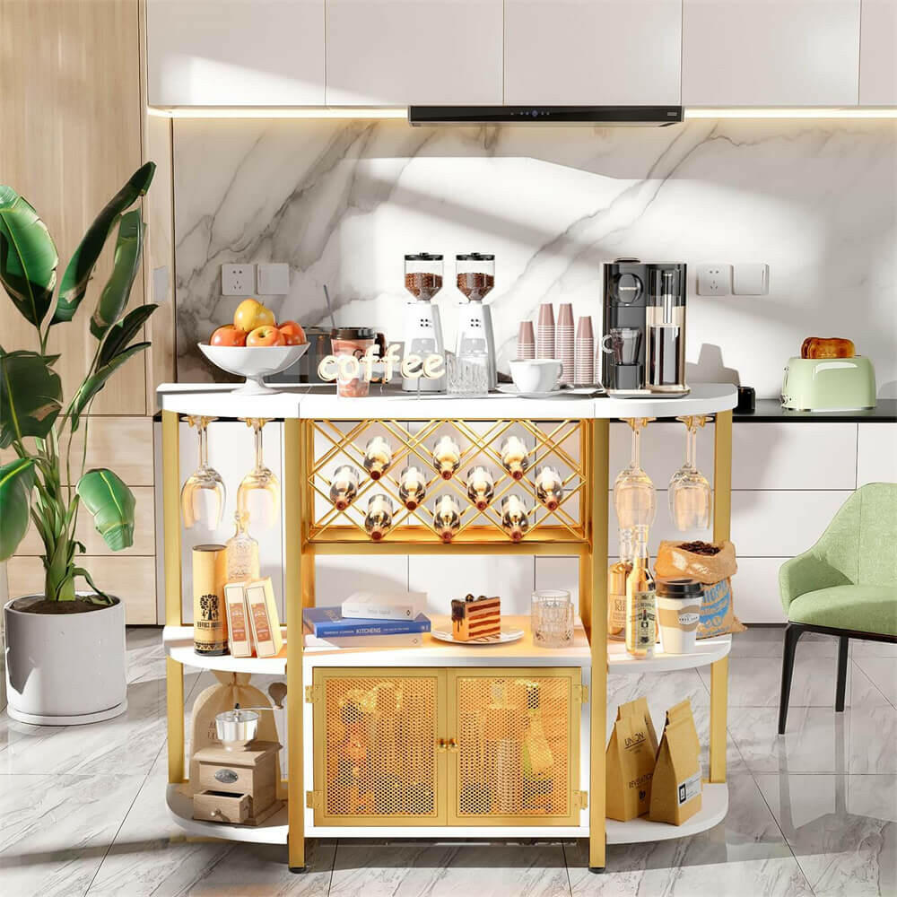 Unikito Gold Liquor Bar with LED Light, Wine Cabinet with Outlet, Freestanding Wine Rack Table with Door, Coffee Bar Cabinet for Liquor and Glass, Floor Bar Table Stand with Wine Storage Rack