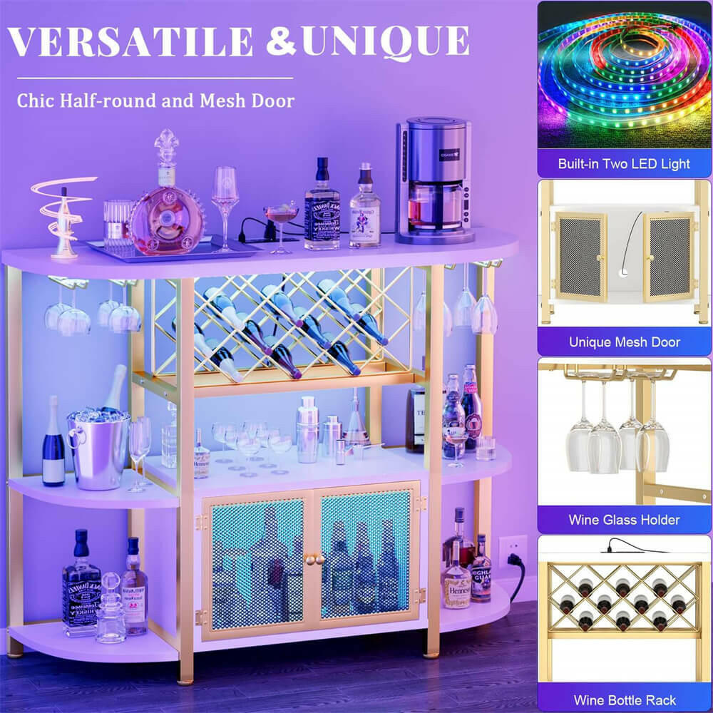Unikito Gold Liquor Bar with LED Light, Wine Cabinet with Outlet, Freestanding Wine Rack Table with Door, Coffee Bar Cabinet for Liquor and Glass, Floor Bar Table Stand with Wine Storage Rack