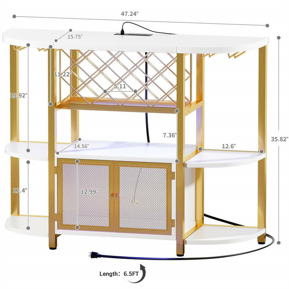 Unikito Gold Liquor Bar with LED Light, Wine Cabinet with Outlet, Freestanding Wine Rack Table with Door, Coffee Bar Cabinet for Liquor and Glass, Floor Bar Table Stand with Wine Storage Rack