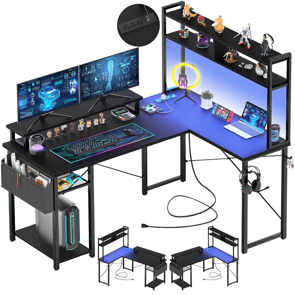 Unikito L Shaped Computer Desk with Hutch, Reversible Gaming Desk with Monitor Stand & Storage Shelf, Corner Desks Home Office Desk with Power Outlets & LED Lights