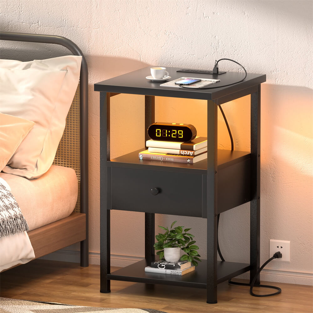 Unikito Nightstand Set of 2 with Charging Station, End Table Bedside Table with LED Lights, Modern Nightstands with Drawers and Storage Shelf, Wood Night Stands for Bedroom, Living Room