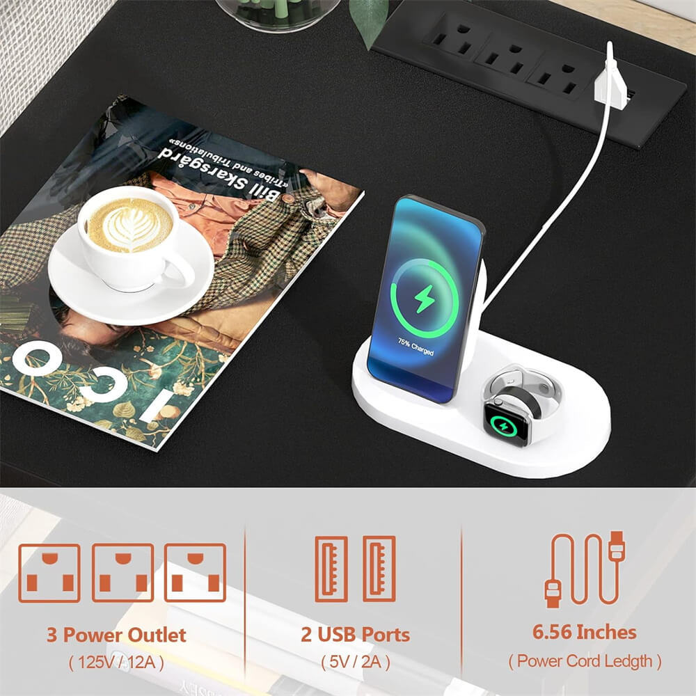 Unikito Nightstand Set of 2 with Charging Station, End Table Bedside Table with LED Lights, Modern Nightstands with Drawers and Storage Shelf, Wood Night Stands for Bedroom, Living Room