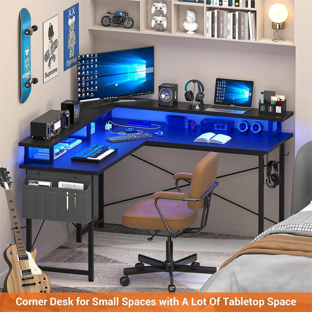 Unikito L Shaped Desk with Monitor Stand, 47'' Reversible L-Shaped Gaming Desk with Storage Shelves, Ergonomic Corner Computer Desk with Power Outlet and LED Lights for Home Office