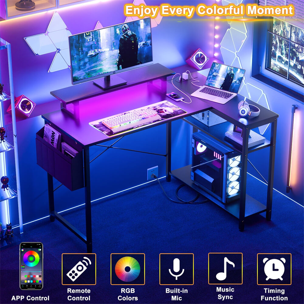 Unikito L Shaped Desk with Power Outlet & USB Port, 47 Inch Reversible Small Desk with LED Strip & Monitor Stand, Corner Computer Desk Writing Desk with Storage Shelves