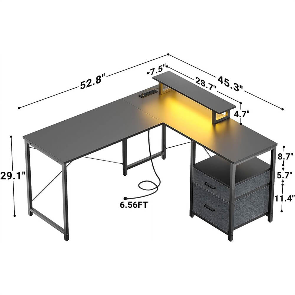 Unikito L Shaped Desk with Power Outlet and LED Lights, Reversible Corner Computer Desk with Drawers and Storage Shelf, Ergonomic L-Shaped Gaming Desk with Monitor Stand for Home Office