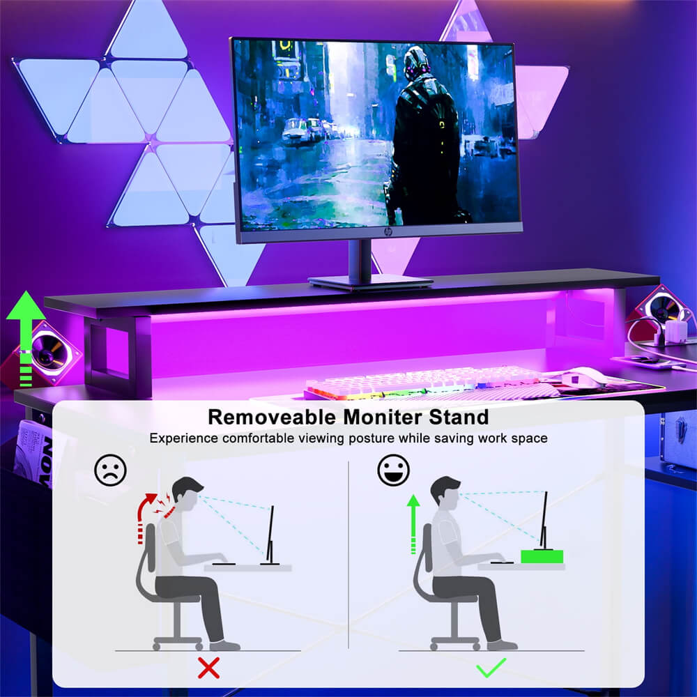 Unikito L Shaped Desk with Power Outlet & USB Port, 47 Inch Reversible Small Desk with LED Strip & Monitor Stand, Corner Computer Desk Writing Desk with Storage Shelves