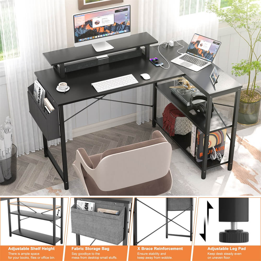 Unikito L Shaped Desk with Power Outlet & USB Port, 47 Inch Reversible Small Desk with LED Strip & Monitor Stand, Corner Computer Desk Writing Desk with Storage Shelves