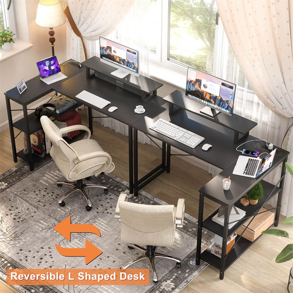 Unikito L Shaped Desk with Power Outlet & USB Port, 47 Inch Reversible Small Desk with LED Strip & Monitor Stand, Corner Computer Desk Writing Desk with Storage Shelves