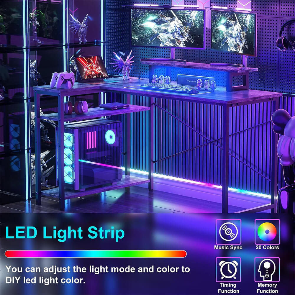 Unikito L Shaped Desk with Power Outlet & USB Port, 47 Inch Reversible Small Desk with LED Strip & Monitor Stand, Corner Computer Desk Writing Desk with Storage Shelves