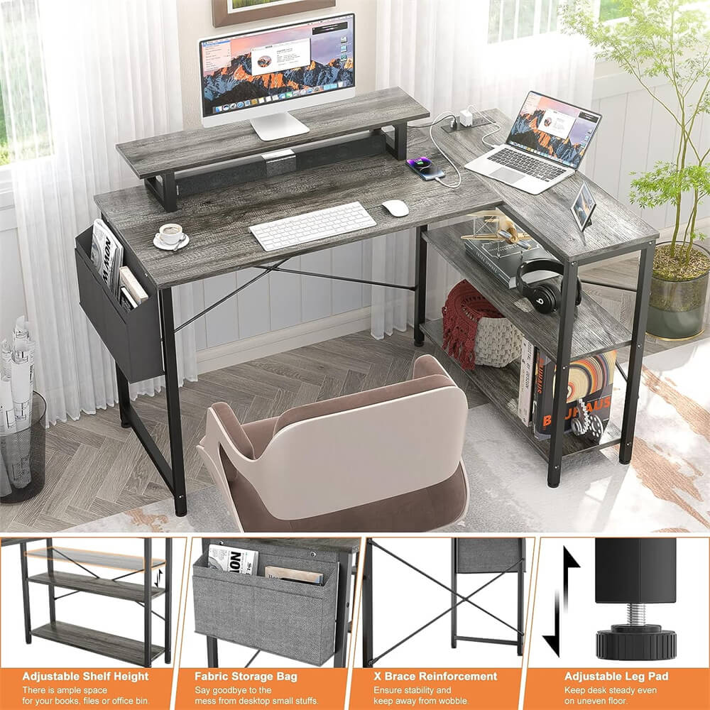 Unikito L Shaped Desk with Power Outlet & USB Port, 47 Inch Reversible Small Desk with LED Strip & Monitor Stand, Corner Computer Desk Writing Desk with Storage Shelves