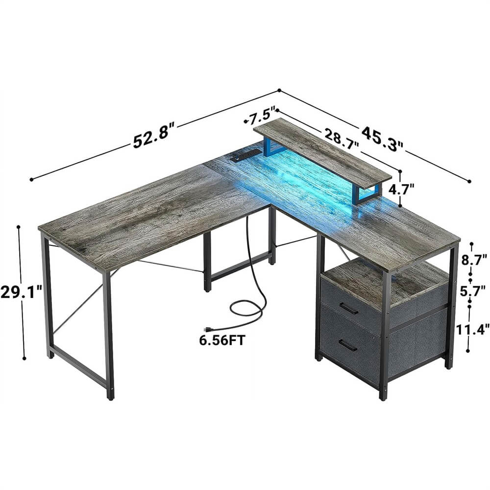 Unikito L Shaped Desk with Power Outlet and LED Lights, Reversible Corner Computer Desk with Drawers and Storage Shelf, Ergonomic L-Shaped Gaming Desk with Monitor Stand for Home Office