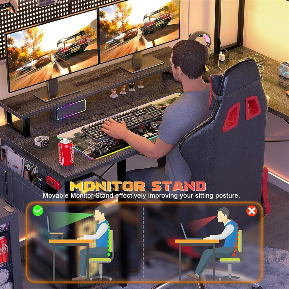 Unikito L Shaped Computer Desk with Hutch, Reversible Gaming Desk with Monitor Stand & Storage Shelf, Corner Desks Home Office Desk with Power Outlets & LED Lights