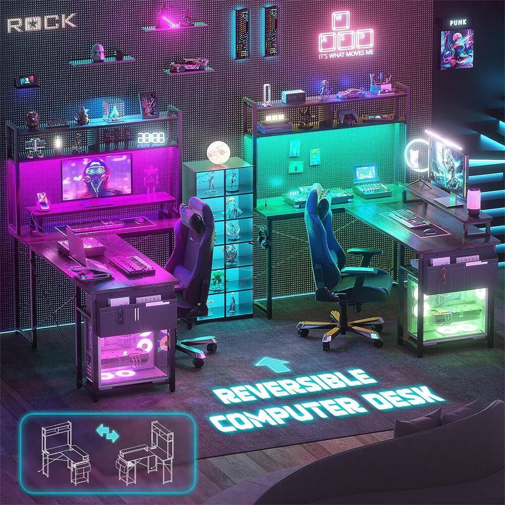 Unikito L Shaped Computer Desk with Hutch, Reversible Gaming Desk with Monitor Stand & Storage Shelf, Corner Desks Home Office Desk with Power Outlets & LED Lights