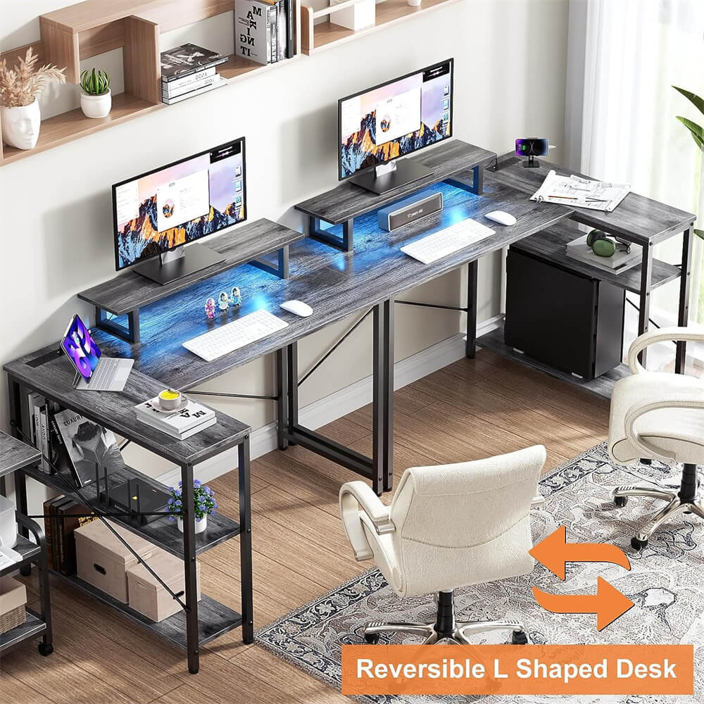 Unikito L Shaped Desk with Power Outlet & USB Port, 47 Inch Reversible Small Desk with LED Strip & Monitor Stand, Corner Computer Desk Writing Desk with Storage Shelves