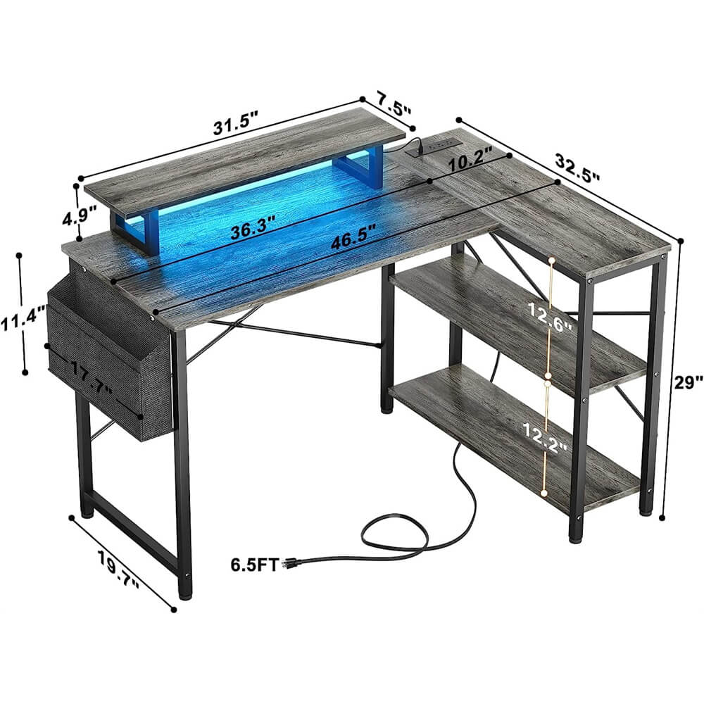 Unikito L Shaped Desk with Power Outlet & USB Port, 47 Inch Reversible Small Desk with LED Strip & Monitor Stand, Corner Computer Desk Writing Desk with Storage Shelves