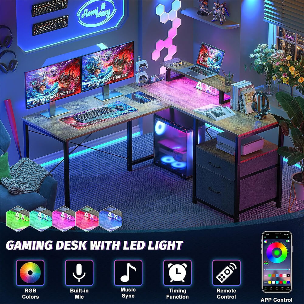 Unikito L Shaped Desk with Power Outlet and LED Lights, Reversible Corner Computer Desk with Drawers and Storage Shelf, Ergonomic L-Shaped Gaming Desk with Monitor Stand for Home Office