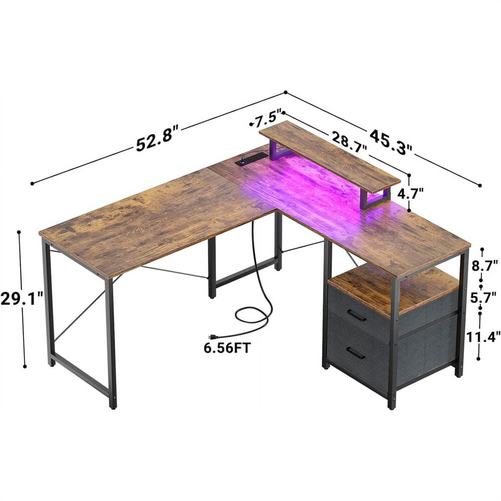 Unikito L Shaped Desk with Power Outlet and LED Lights, Reversible Corner Computer Desk with Drawers and Storage Shelf, Ergonomic L-Shaped Gaming Desk with Monitor Stand for Home Office