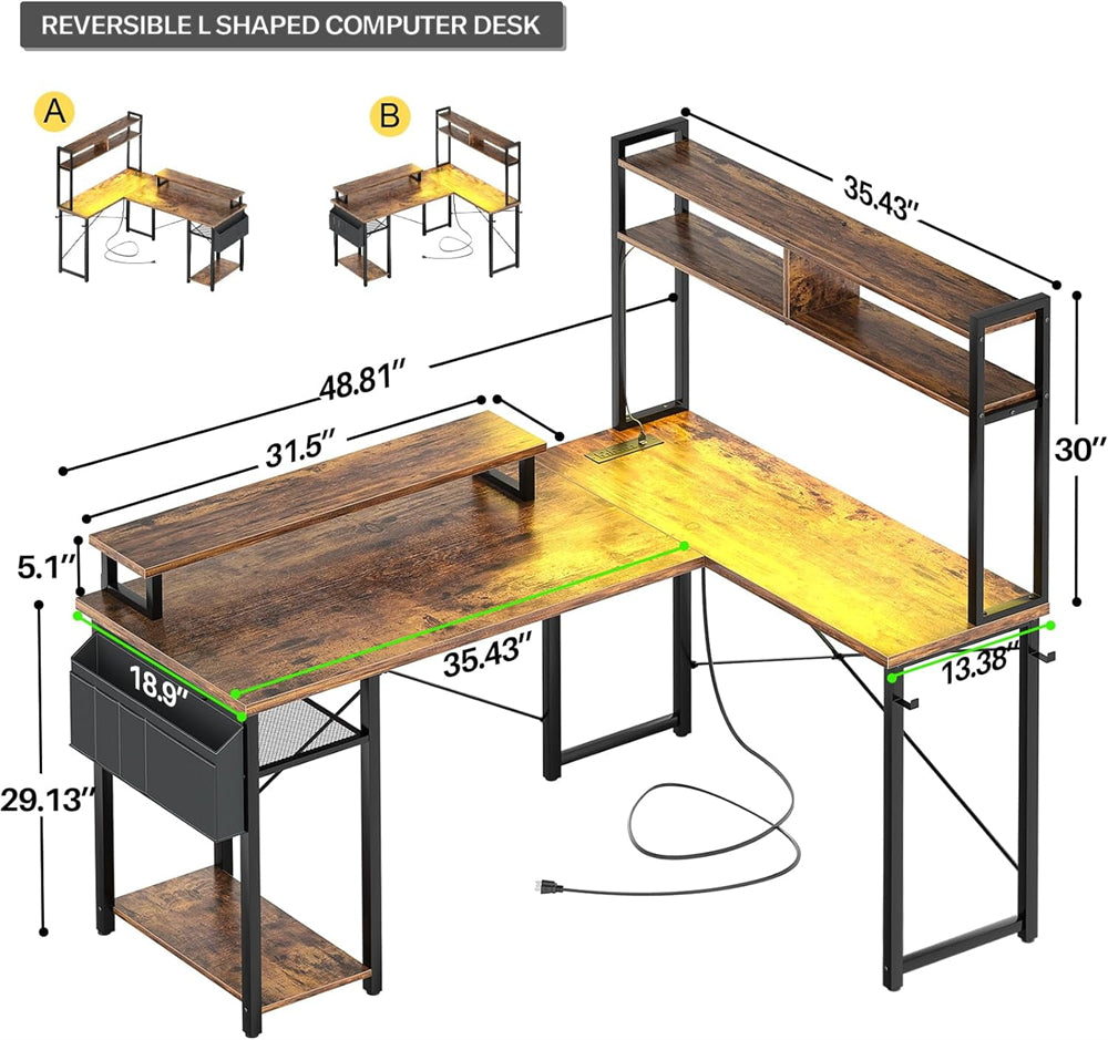 Unikito L Shaped Computer Desk with Hutch, Reversible Gaming Desk with Monitor Stand & Storage Shelf, Corner Desks Home Office Desk with Power Outlets & LED Lights