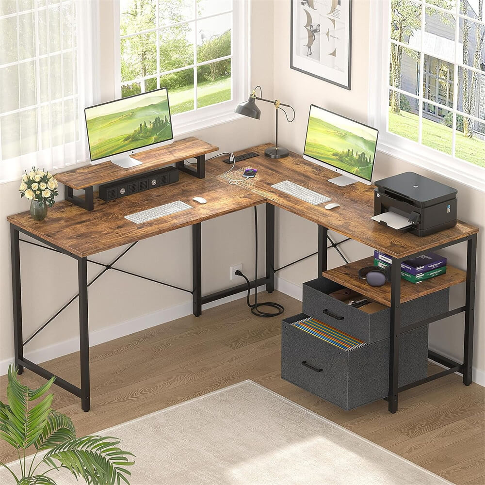 Unikito L Shaped Desk with Power Outlet and LED Lights, Reversible Corner Computer Desk with Drawers and Storage Shelf, Ergonomic L-Shaped Gaming Desk with Monitor Stand for Home Office