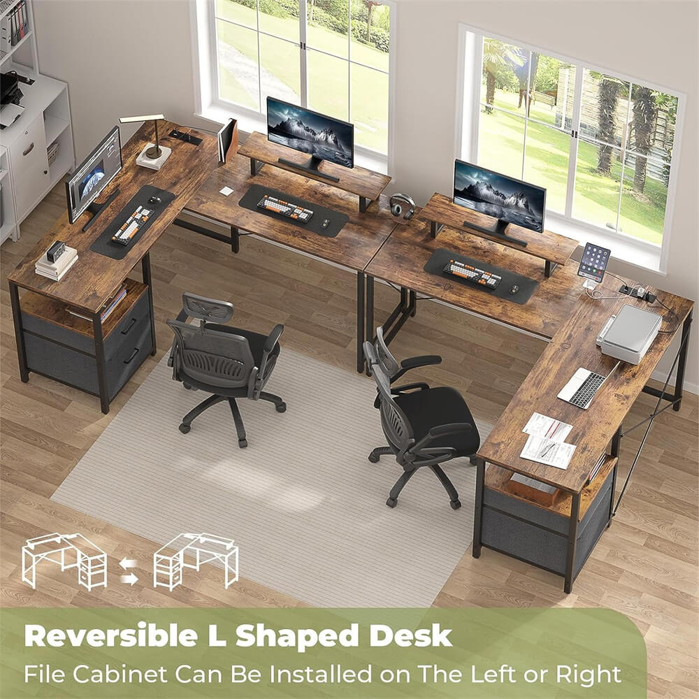 Unikito L Shaped Desk with Power Outlet and LED Lights, Reversible Corner Computer Desk with Drawers and Storage Shelf, Ergonomic L-Shaped Gaming Desk with Monitor Stand for Home Office