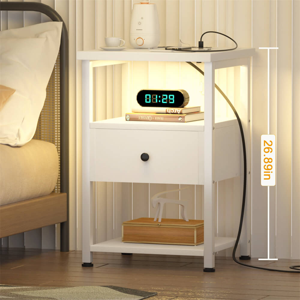 Unikito Nightstand Set of 2 with Charging Station, End Table Bedside Table with LED Lights, Modern Nightstands with Drawers and Storage Shelf, Wood Night Stands for Bedroom, Living Room