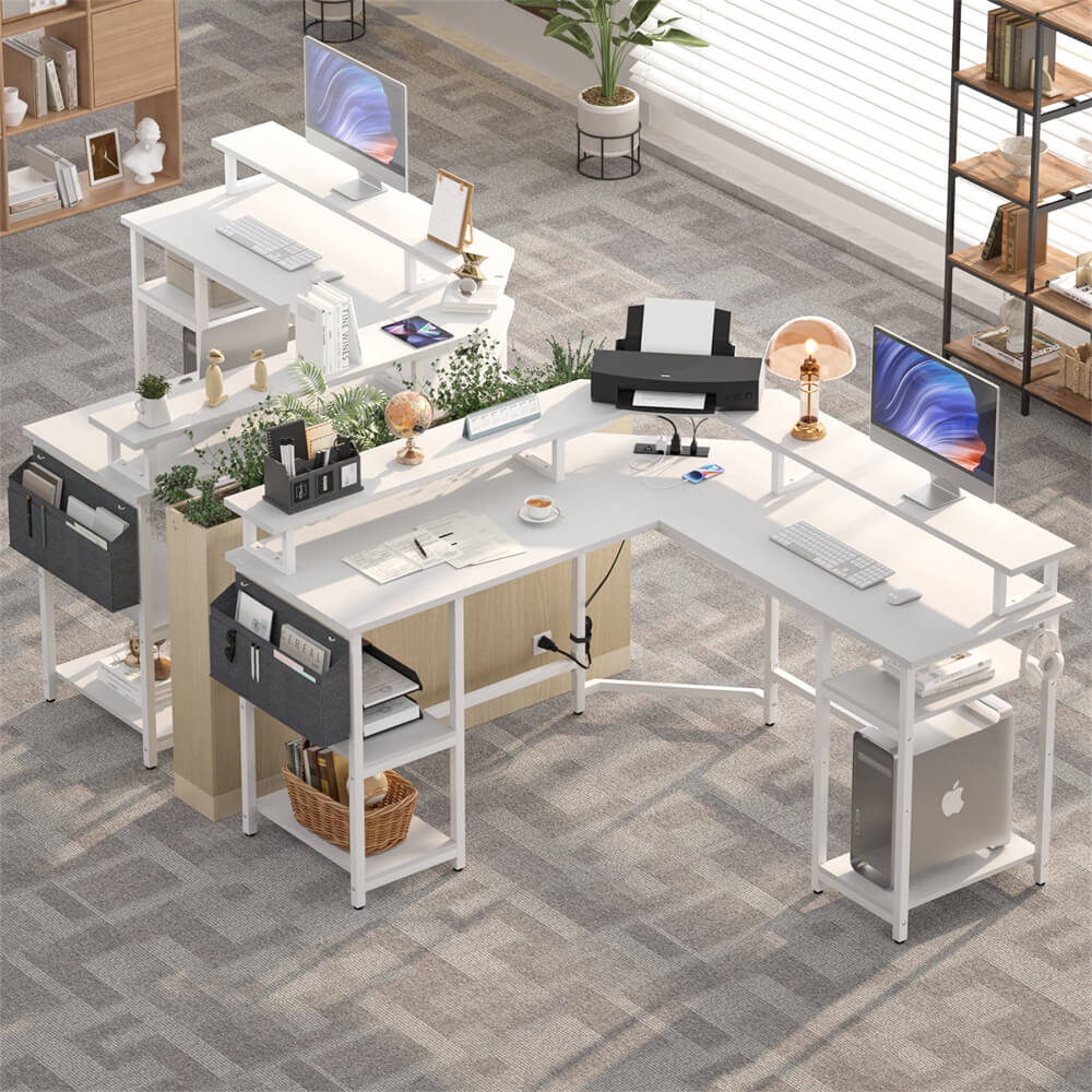 Unikito L Shaped Desk with Power Outlet and USB Ports, 55" Reversible Gaming Desk with Monitor Stand and LED Light, Corner Computer Desk with Storage Shelf