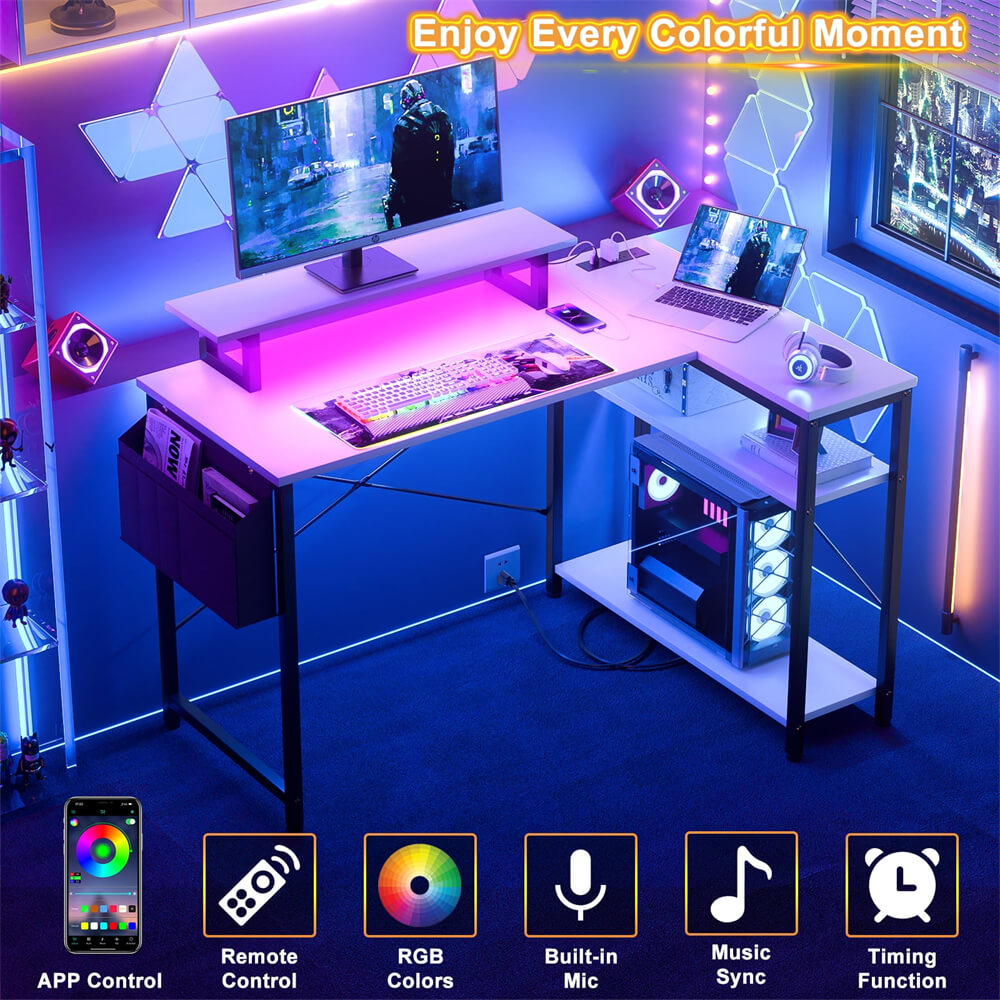 Unikito L Shaped Desk with Power Outlet & USB Port, 47 Inch Reversible Small Desk with LED Strip & Monitor Stand, Corner Computer Desk Writing Desk with Storage Shelves