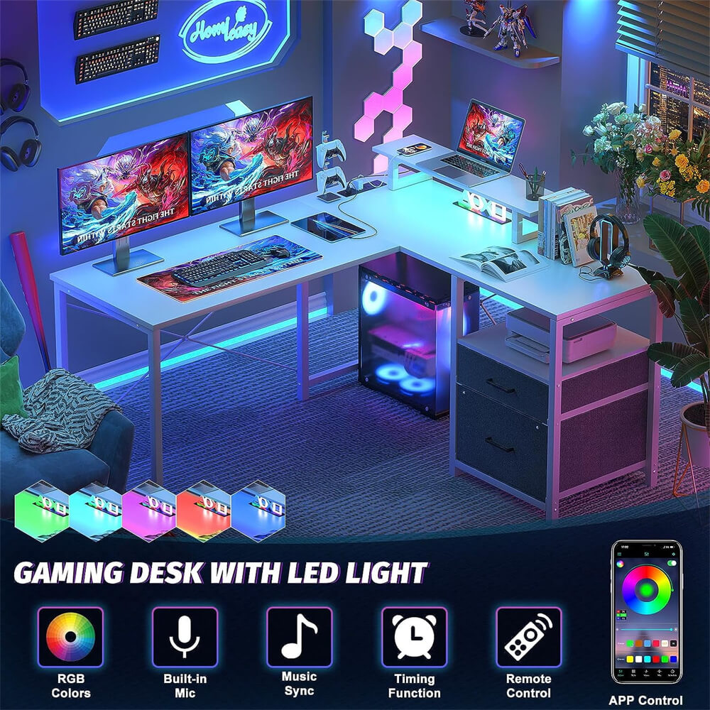 Unikito L Shaped Desk with Power Outlet and LED Lights, Reversible Corner Computer Desk with Drawers and Storage Shelf, Ergonomic L-Shaped Gaming Desk with Monitor Stand for Home Office