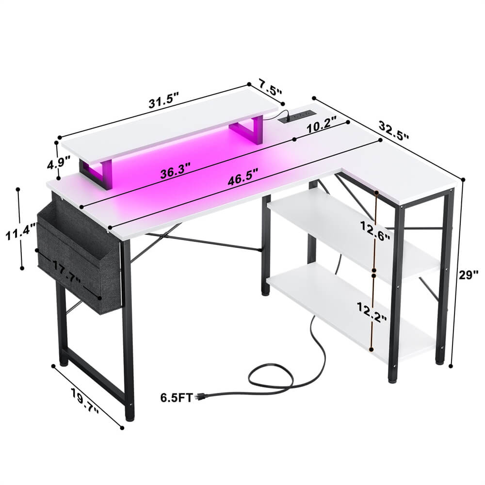 Unikito L Shaped Desk with Power Outlet & USB Port, 47 Inch Reversible Small Desk with LED Strip & Monitor Stand, Corner Computer Desk Writing Desk with Storage Shelves