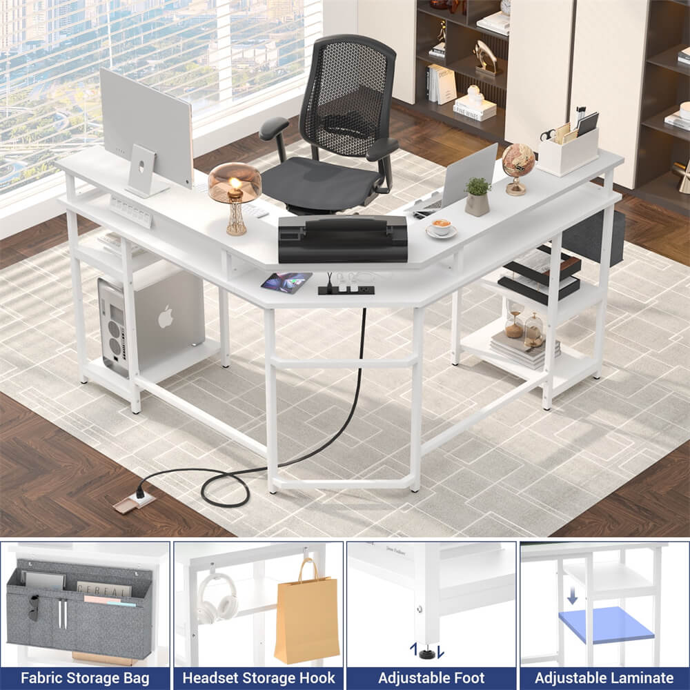 Unikito L Shaped Desk with Power Outlet and USB Ports, 55" Reversible Gaming Desk with Monitor Stand and LED Light, Corner Computer Desk with Storage Shelf