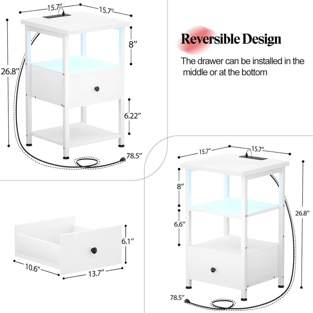 Unikito Nightstand Set of 2 with Charging Station, End Table Bedside Table with LED Lights, Modern Nightstands with Drawers and Storage Shelf, Wood Night Stands for Bedroom, Living Room