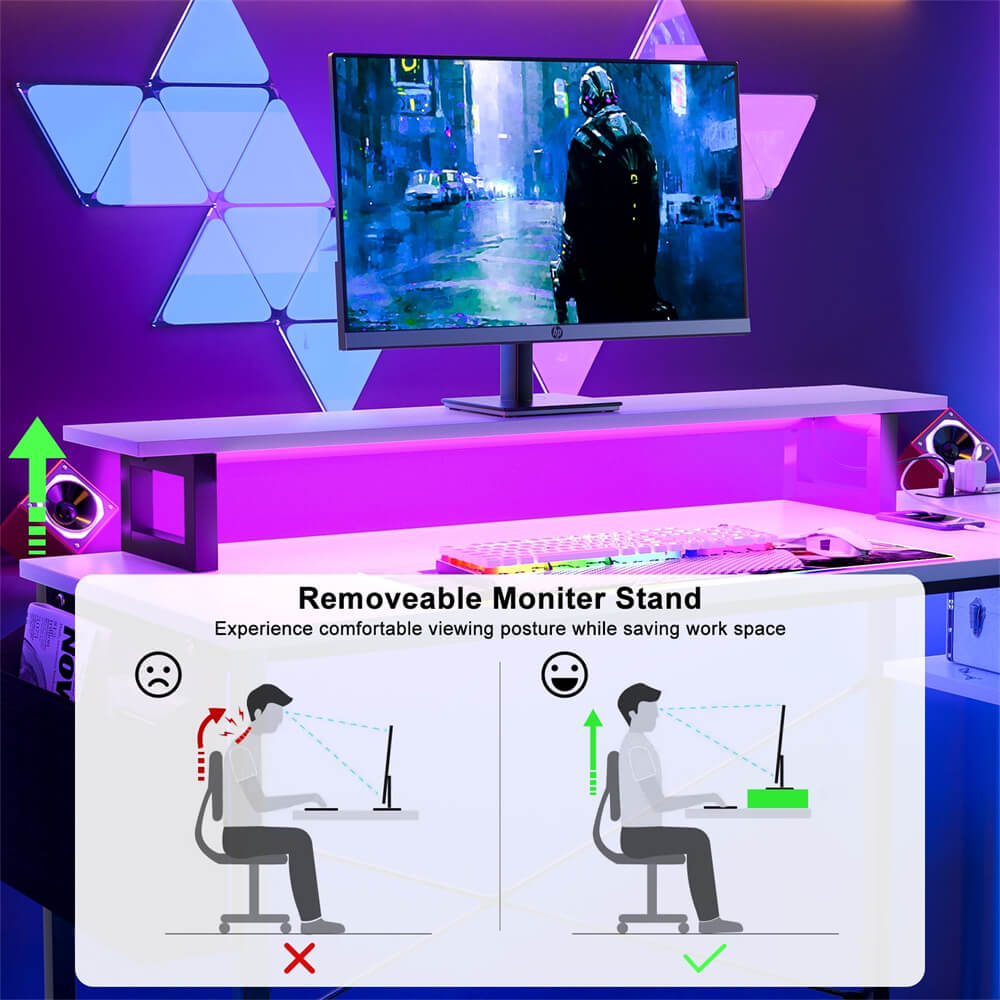 Unikito L Shaped Desk with Power Outlet & USB Port, 47 Inch Reversible Small Desk with LED Strip & Monitor Stand, Corner Computer Desk Writing Desk with Storage Shelves